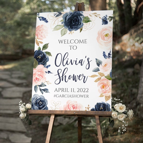 Blush Pink Navy Blue Floral Baby and Bridal Shower Editable Welcome Sign Poster, 16x20, 18x24, Digital Template, DIY Printable, BA-71, BR-55
