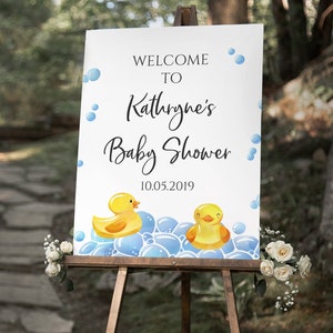 Rubber Ducky Baby Shower Welcome Sign, 16x20, 18x24, Blue, Yellow Ducks, Bubbles Bath, Digital Template Printable, BA-149