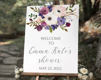 Purple Floral Shower Welcome Sign Template (Digital Download)