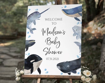 Whale Narwhal Edit Yourself DIY Baby Shower Welcome Sign Baby Boy Sea Ocean Theme, Digital Instant Download Editable Template, BA-83