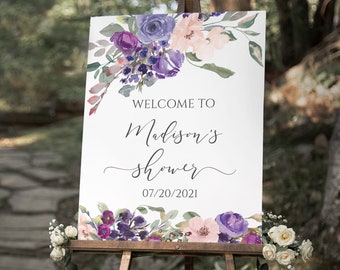 Purple Floral Shower Welcome Sign Template (Digital Download)