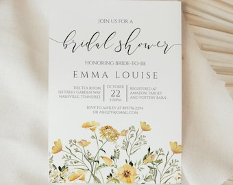 Yellow Wildflower Bridal Shower Invitation, Wedding Shower Invite, Digital Instant Download Template, BR-129