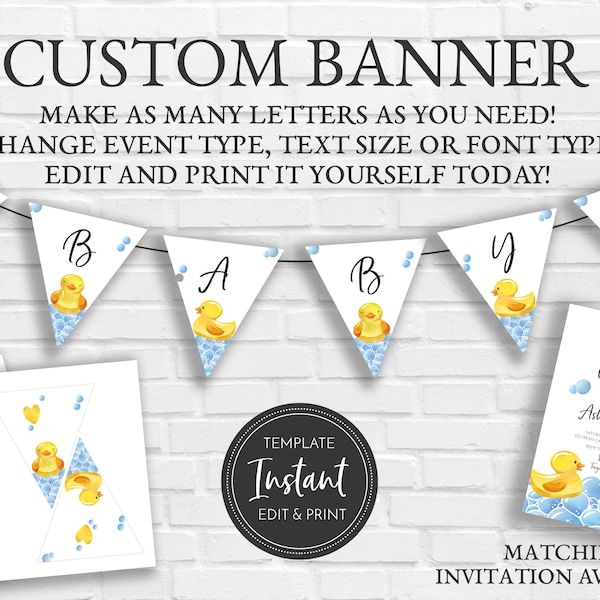 Rubber Duck Banner Template, Baby Shower Printable Pendant Banner, Gender Neutral, Blue Yellow Ducks, Ducky, Bubbles, Bath, BA-149