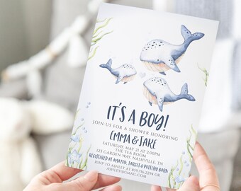 Whale Baby Shower Invitation, Ocean Baby Shower Invite, Baby Boy Shower Invitation, It's a Boy, Templett, Printable Instant Download, BA-264