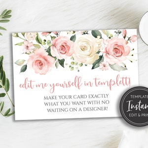 Chá de bebê com rosas rosa blush, chá de panela floral Edite você mesmo cartão de chá de bebê em branco faça você mesmo, download digital do modelo editável, BA-62, BR-39