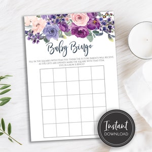 Purple Floral Baby Bingo Game, Purple Baby Shower Game, Violet, Lavender Flowers, Instant Digital Download, BA-178, BA-180