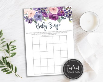 Purple Floral Baby Bingo Game, Purple Baby Shower Game, Violet, Lavender Flowers, Instant Digital Download, BA-178, BA-180