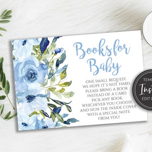 Livres floraux bleus pour bébé, douche de bébé garçon, carte de demande de livre assortie, fleurs aquarelles bleues, modèle, BA-132