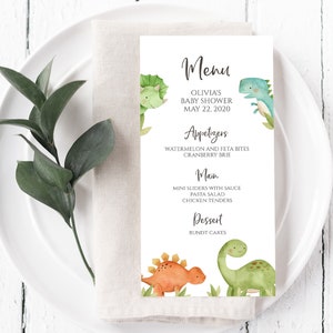 Menu editável de chá de bebê dinossauro laranja verde T-Rex, brontossauro, modelo digital para impressão, BA-60