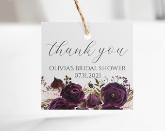 Dark Purple Floral Favor Tag Template: Bridal Shower Gift Tag (Digital Download)