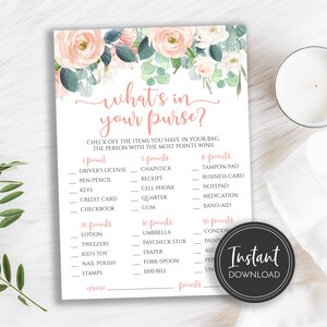 Peach Blush Mint Teal Eucalyptus Roses What&#39;s in Your Purse Baby Shower Game, Baby Pricing Game, Instant Download, Printable, BA-219, BR-3
