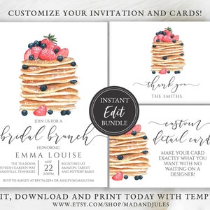 Pancake Bridal Brunch Shower Bundle, Invitation, Thank you card, Custom Detail Card, Templates, Digital Instant Downloads, BR-224