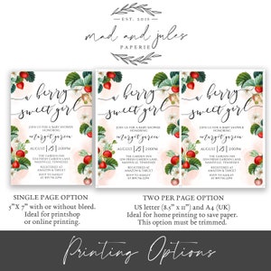 Strawberry Baby Shower Invitation, A Berry Sweet Girl Baby Shower Invite, Summer, Template, Printable Instant Digital Download, BA-77 image 5