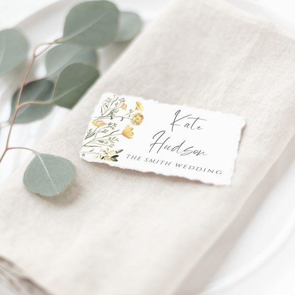 Yellow Wildflower Place Card Template, Wedding Place Card, Instant Digital Download, Templett, WD-305