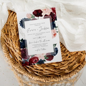 Marine und Burgund Hochzeitseinladung, Blush und Maroon Rosen, Zeremonie einladen, druckbare digitale Sofort Download Vorlage, WD-310