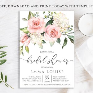 Blush Pink Roses Bridal Shower Invitation, Romantic Invitation, Digital Download Template, DIY Printable, BR-34