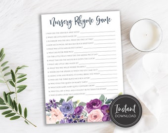 Purple Floral Nursery Rhyme Baby Shower Game (digital Download