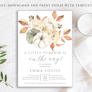 Little Pumpkin Baby Shower Invitation: Fall Floral Template (Printable Download)
