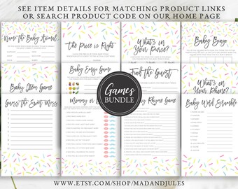 Baby Sprinkle Game Bundle, Mommy or Daddy, Word Scramble, Bingo, Baby Animal, Emoji, Instant Downloads, Donut Shower, BA-116