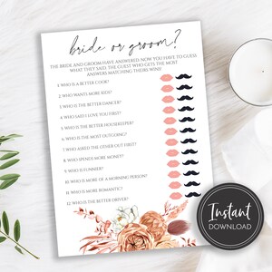 Boho Bridal Shower Game: Bride or Groom (Printable, Instant Download)