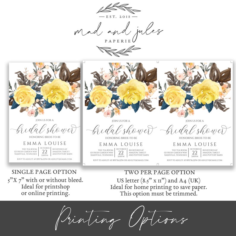 Rustic Bridal Shower Invitation, Yellow Roses Invite, Rustic Wedding Shower Invite, Shower Digital Instant Download Template, BR-100 image 6