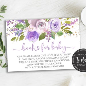 Floral Books for Baby Card Template: Purple & Gold (Digital Printable)