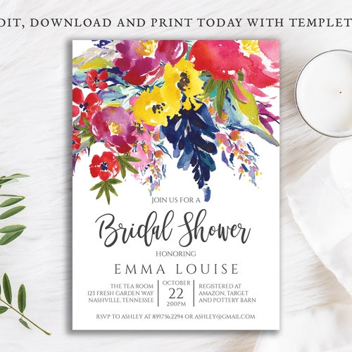 Colorful Bridal Shower Invitation Navy Fuchsia Yellow Red Etsy