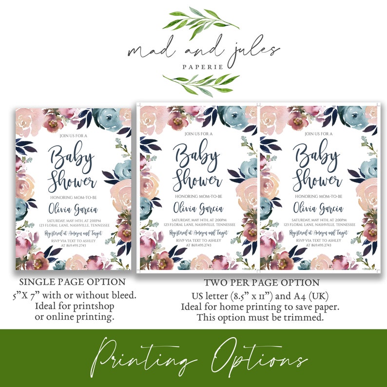 Dusty Rose Baby Shower Invitation Navy and Pink Flowers Etsy