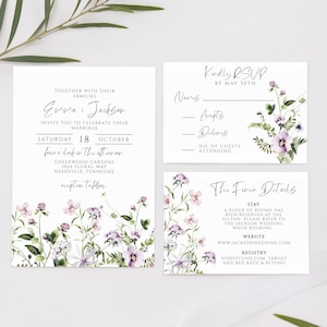 Set di inviti per matrimonio Boho Wildflower: viola (download digitale)