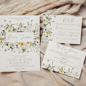 Paarse en gele wilde bloemen bruiloft uitnodiging set, Boho uitnodigen bundel, RSVP, details kaart, digitale Instant Download sjabloon, WD-307