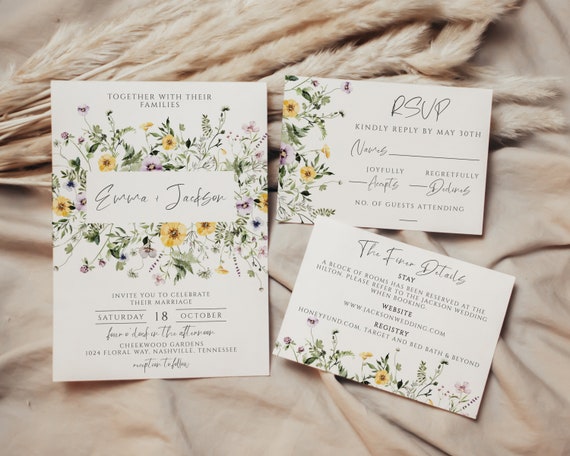 Purple and Yellow Wildflower Wedding Invitation Set, Boho Invite Bundle, RSVP, Details Card, Digital Instant Download Template, WD-307 Il_570xn