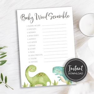 Dinosaur Baby Word Scramble Baby Shower Game Orange Blue Green T-Rex, Brontosaurus, Boy Shower, Digital Instant Download Printable, BA-60