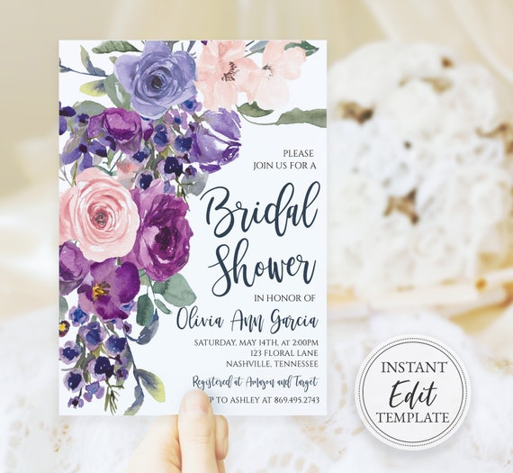 Bridal Shower Invitation Purple, Plum, Lilac, Lavender, Violet, Blush, Floral Wild Flowers, Template Wedding Digital Printable, BR-8 Il_570xn