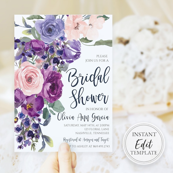 Bridal Shower Invitation Purple, Plum, Lilac, Lavender, Violet, Blush, Floral Wild Flowers, Template Wedding Digital Printable, BR-8