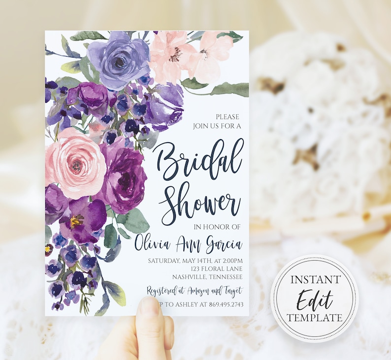 Bridal Shower Invitation Purple, Plum, Lilac, Lavender, Violet, Blush, Floral Wild Flowers, Template Wedding Digital Printable, BR-8 image 1