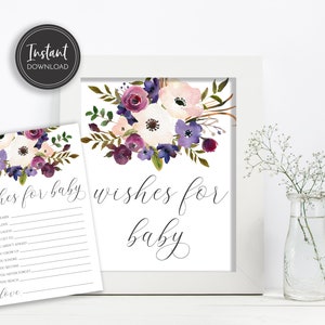 Deseos morados de baby shower para letreros y tarjetas de mesa para bebés, deseos de baby shower, descarga digital instantánea, imprimible, BA-94
