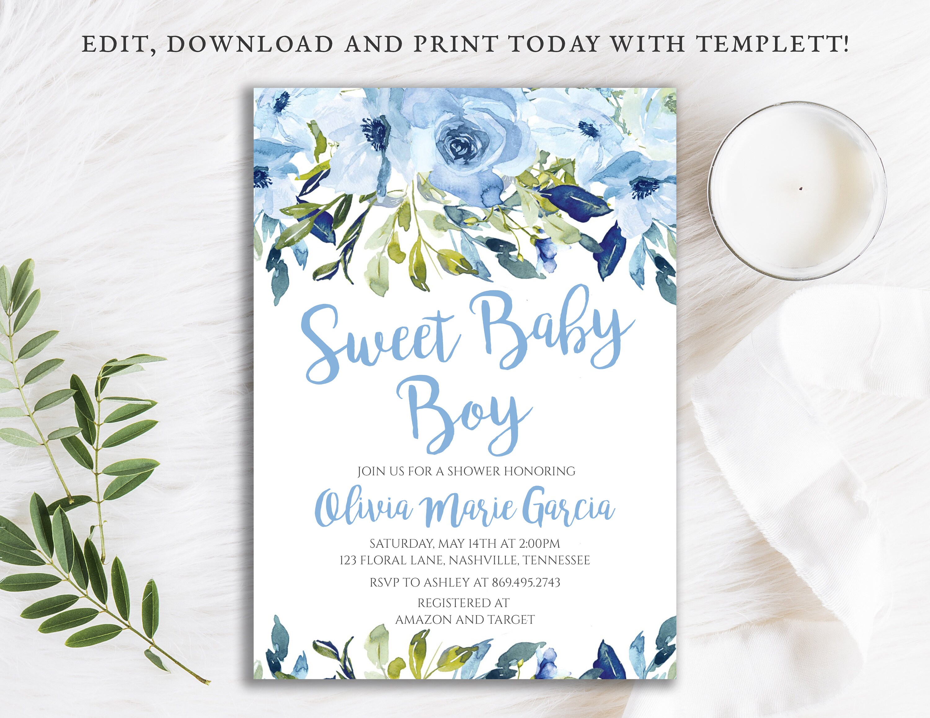 BLUE ELEPHANT Baby Shower INVITATIONS — Pack of 25 — BABY