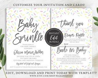 Baby Sprinkle Bundle, Invitation, Books for Baby, Diaper Raffle, Thank you, Templates, Digital Instant Downloads, BA-116