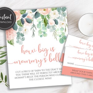 Peach Blush Eucalyptus Roses Chá de bebê Quão grande é a barriga da mamãe Placas e cartões para mesa, download instantâneo, para impressão, BA-219