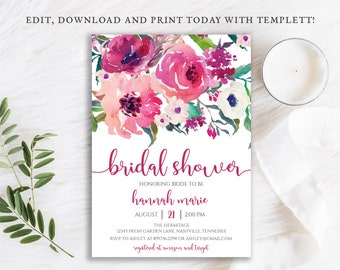 Magenta Pink Bridal Shower Invitation, Floral Hot Pink, Fuchsia, Flowers, Anemones, Digital Download Template, BR-142