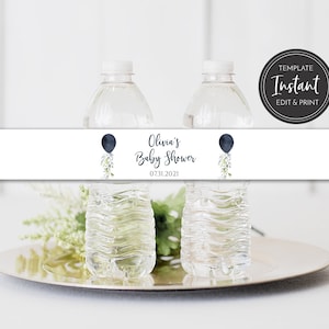 Navy Balloon Bottle Label Template, Baby Boy Shower Labels, Templett, Printable Instant Digital Download, BA-47