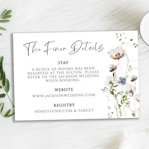 Modelo de cartão de detalhes de casamento Boho Wildflower, inserção de convite personalizado, Templett, download digital instantâneo para impressão, WD-316