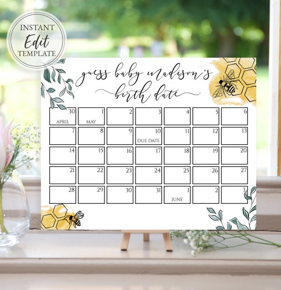 Bee Guess Baby's Due Date Calendar Template, Baby Shower, 8x10 Print
