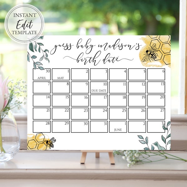 Bee Guess Baby's Due Date Calendar Template, Baby Shower, 8x10 Print and 16x20 Sign, Digital Download Editable, BA-189