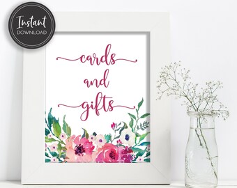 Fuchsia Pink Cards and Gifts Bridal Shower Table Sign, Baby Shower Sign, 8x10, Instant Digital Download, Printable Sign, BR-142