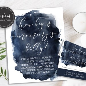 Aquarela azul marinho Quão grande é a barriga da mamãe, cartazes e cartões de adivinhação para chá de bebê, download digital, para impressão, BA-183