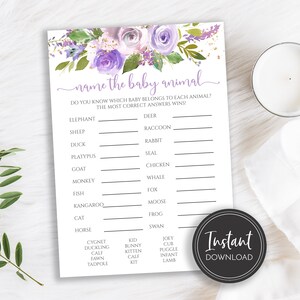 Lavender Purple Floral Name the Baby Animal Baby Shower Game, Instant Download, Printable Game, BA-02