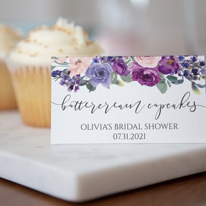 Purple Floral Table Tent Template: Bridal Shower Place Cards (Digital Download)