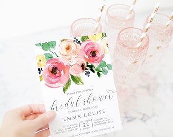Roses Bridal Shower Invitation, Blush Pink Roses, Wedding Shower Invite, Digital Instant Download Template, BR-15