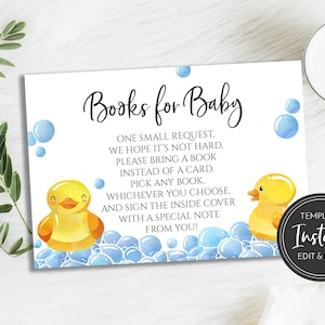 Libri di paperella di gomma per modello di biglietto per bambini, paperella gialla, blu, baby shower giallo, bagno, bolle, download digitale, BA-149